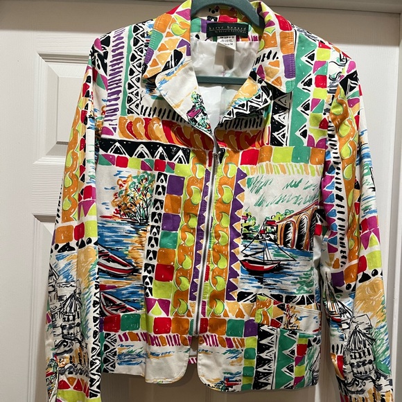HARVE BENARD Vtg Geometric Vibrant Colorful Zip Jacket Blazer SZ 14 Artsy - Picture 1 of 7